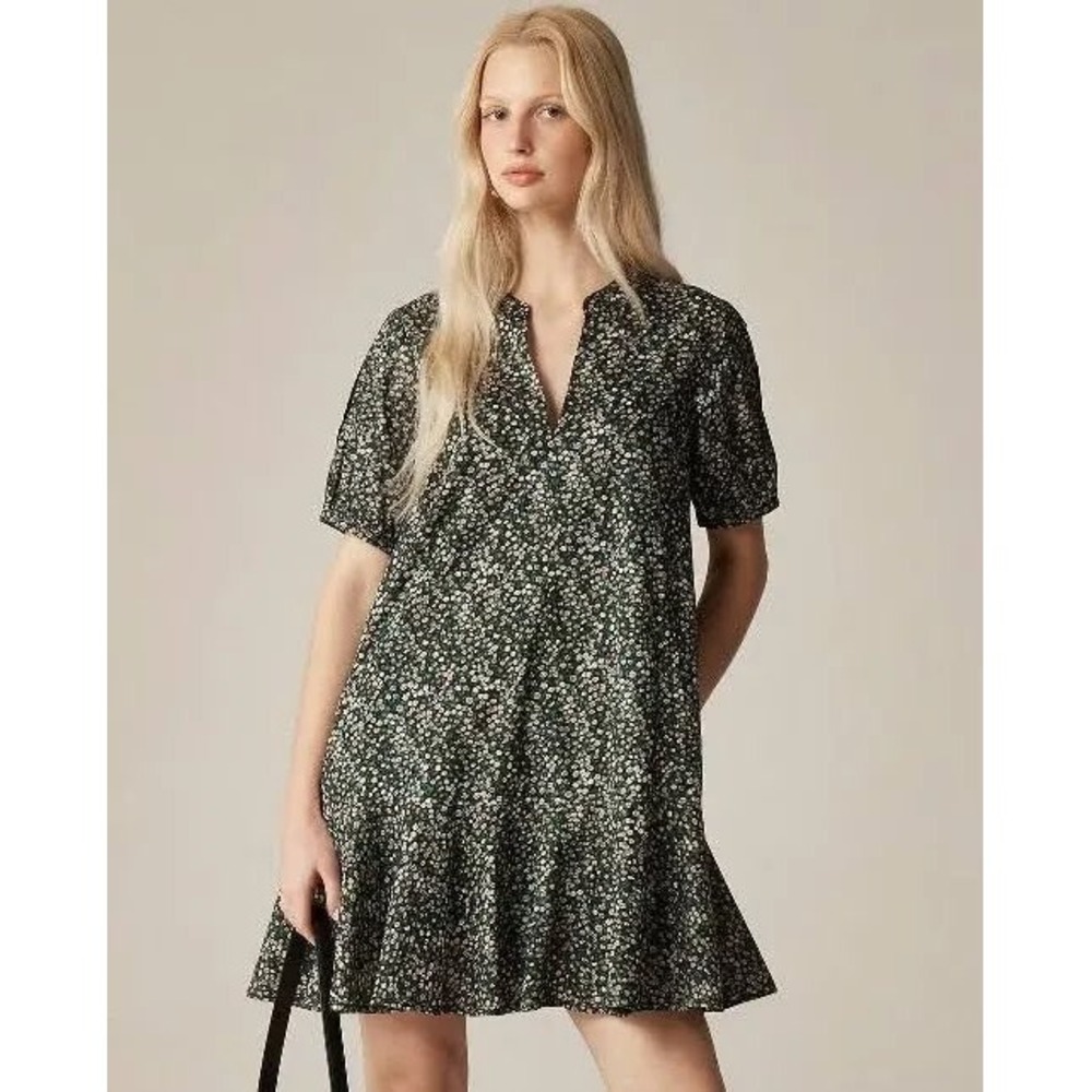 J.Crew Liberty Fabric Organic Cotton Floral Mini Dress XSP Green Shift Ruffle